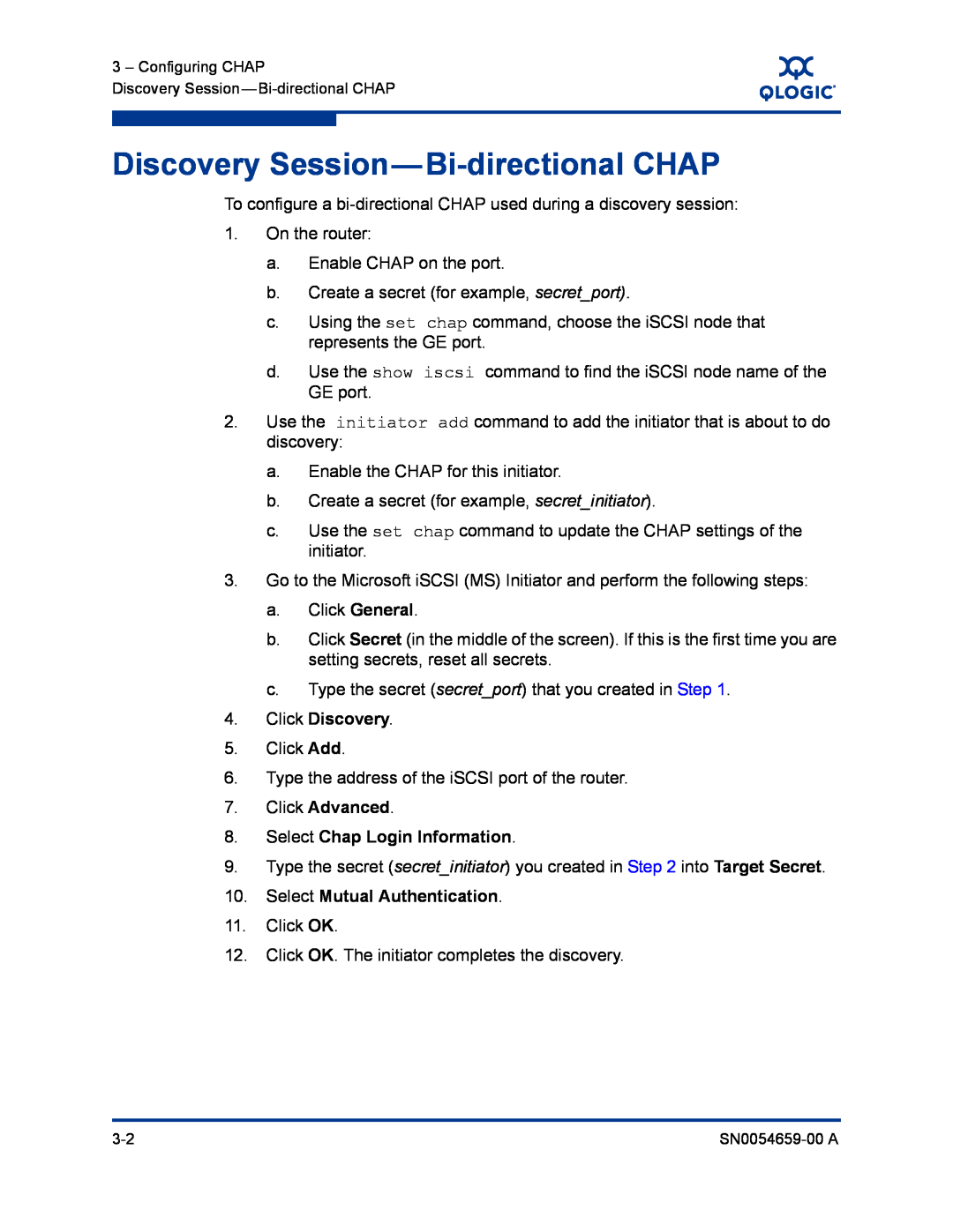 Q-Logic ISR6142 Discovery Session-Bi-directional CHAP, Click Discovery, Click Advanced 8. Select Chap Login Information 