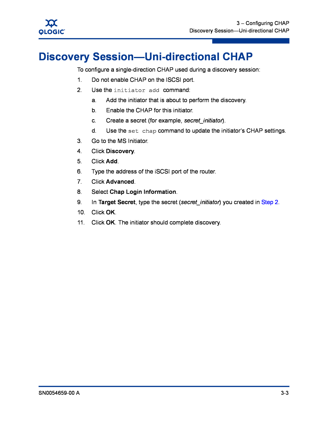 Q-Logic ISR6142 manual Discovery Session-Uni-directional CHAP 