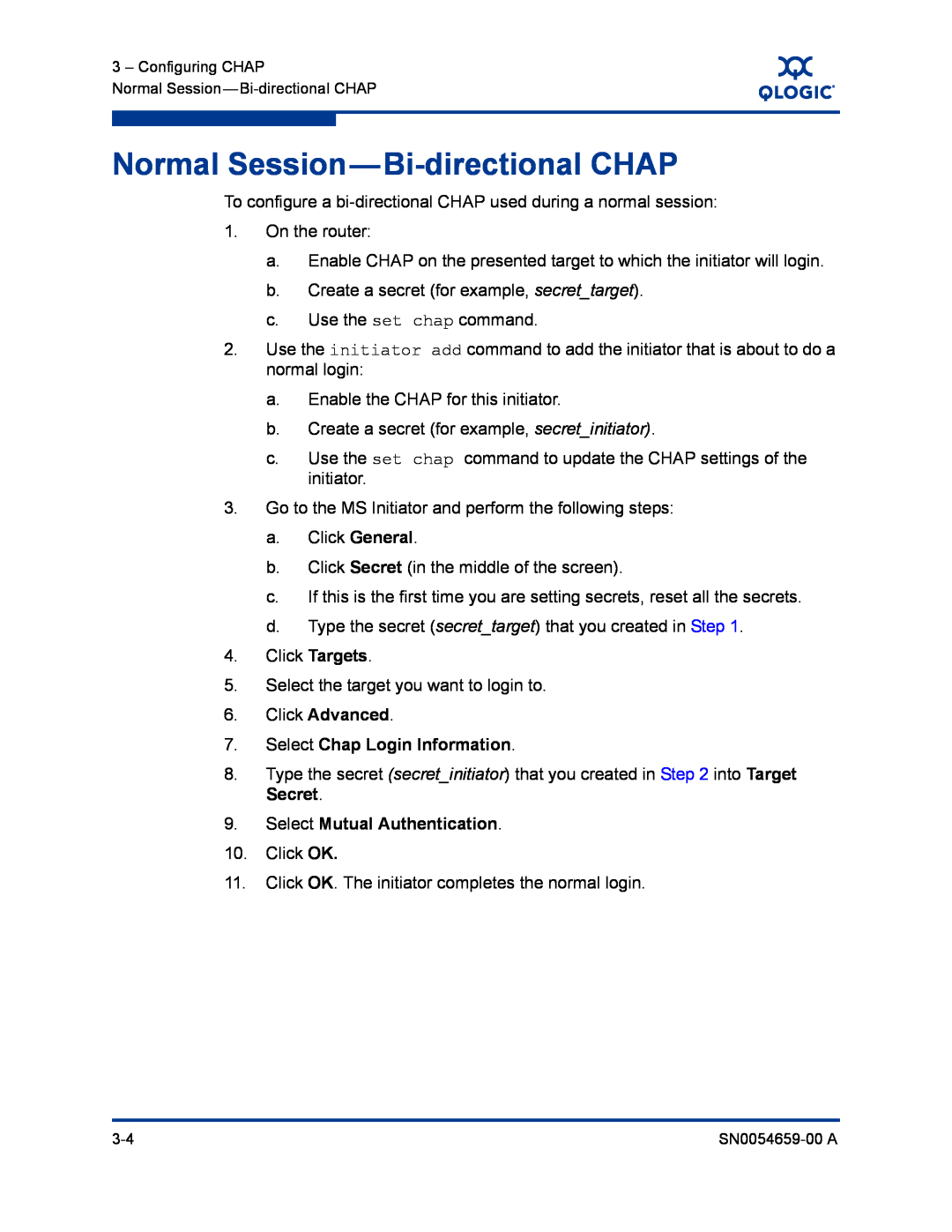 Q-Logic ISR6142 manual Normal Session-Bi-directional CHAP, Click Advanced 7. Select Chap Login Information 