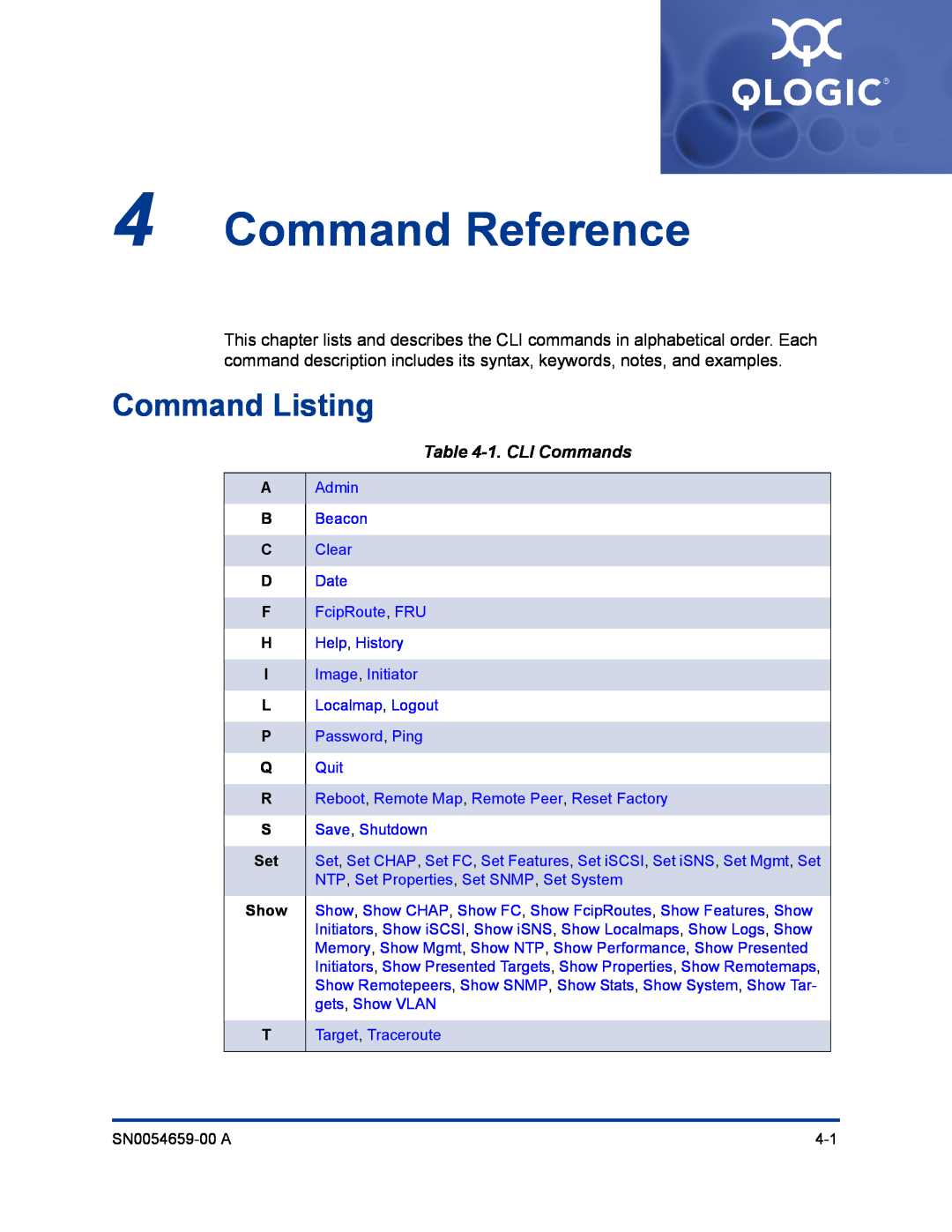 Q-Logic ISR6142 manual Command Reference, Command Listing, 1. CLI Commands, A B C D F H I L P Q R S Set Show T 