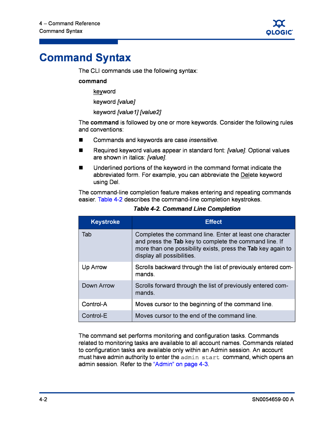 Q-Logic ISR6142 manual Command Syntax, 2. Command Line Completion, Keystroke, Effect, command 