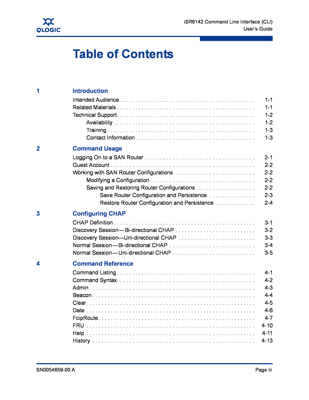 Q-Logic ISR6142 manual Introduction, Command Usage, Configuring CHAP, Command Reference, Table of Contents 
