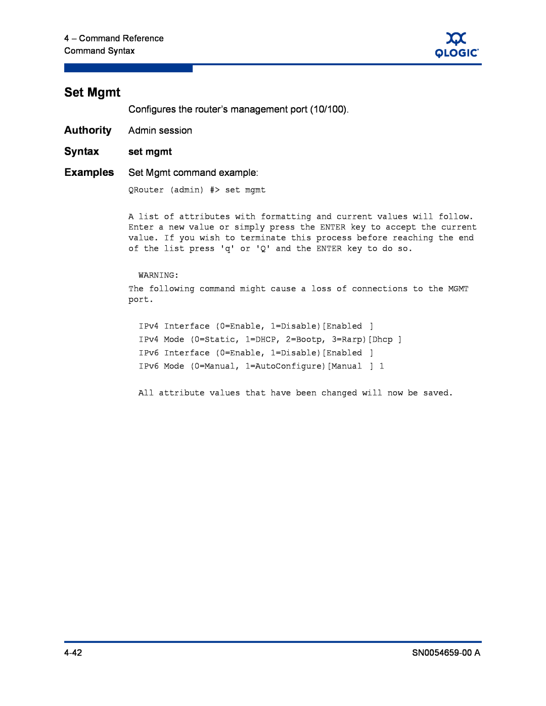 Q-Logic ISR6142 manual Set Mgmt, Authority, Syntax, Examples, set mgmt 