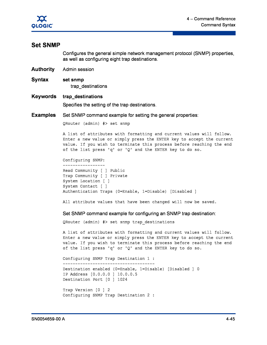 Q-Logic ISR6142 manual Set SNMP, Authority, Syntax, Keywords, Examples 