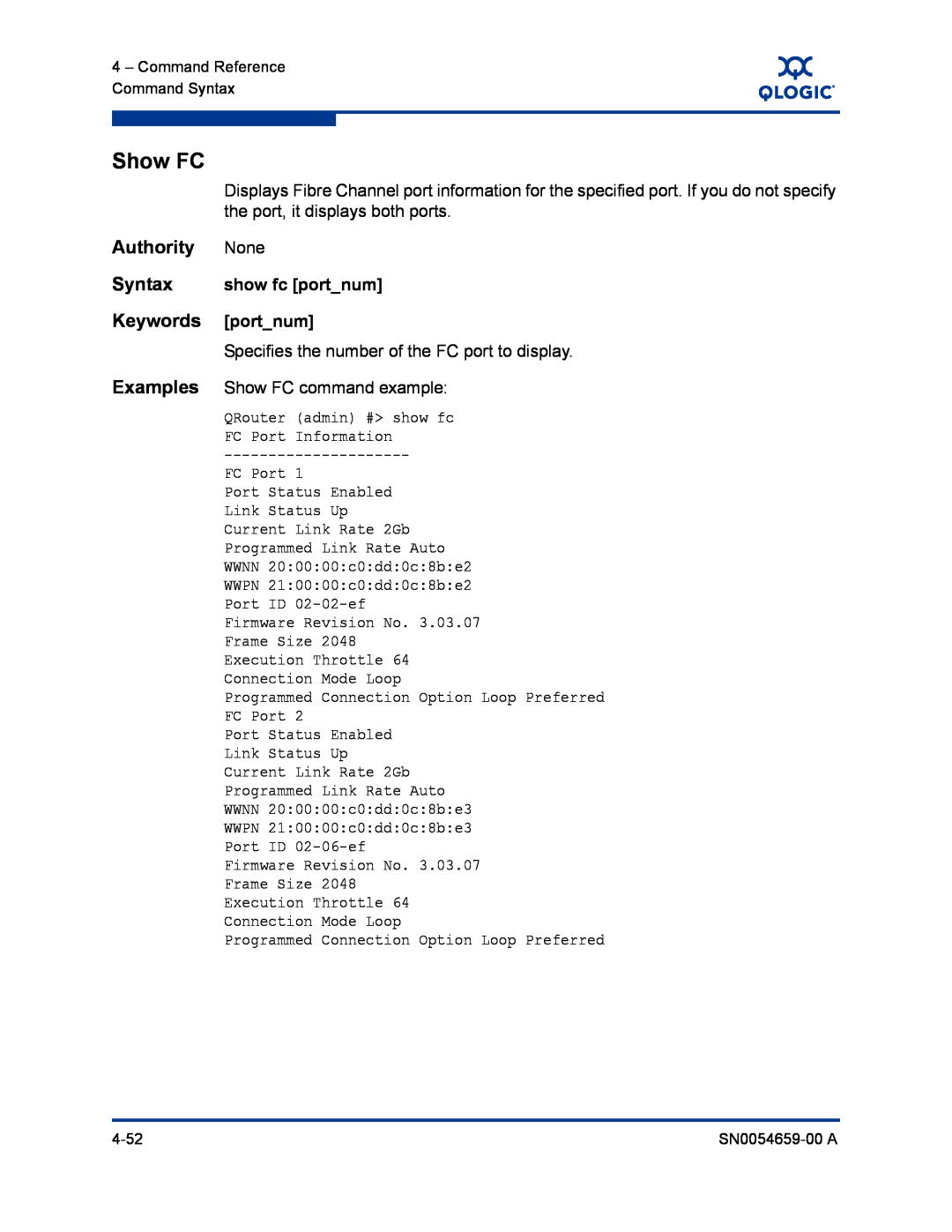 Q-Logic ISR6142 manual Show FC, Authority, Syntax, Keywords, Examples 