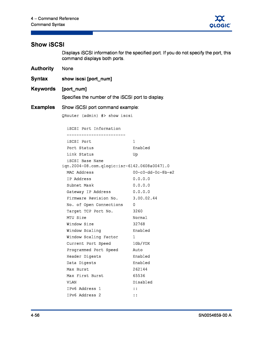 Q-Logic ISR6142 manual Show iSCSI, Authority, Syntax, Keywords, QRouter admin # show iscsi, 00-c0-dd-0c-8b-e2 