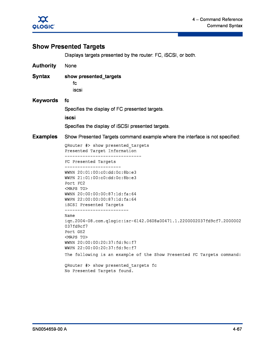 Q-Logic ISR6142 manual Show Presented Targets, Keywords fc 