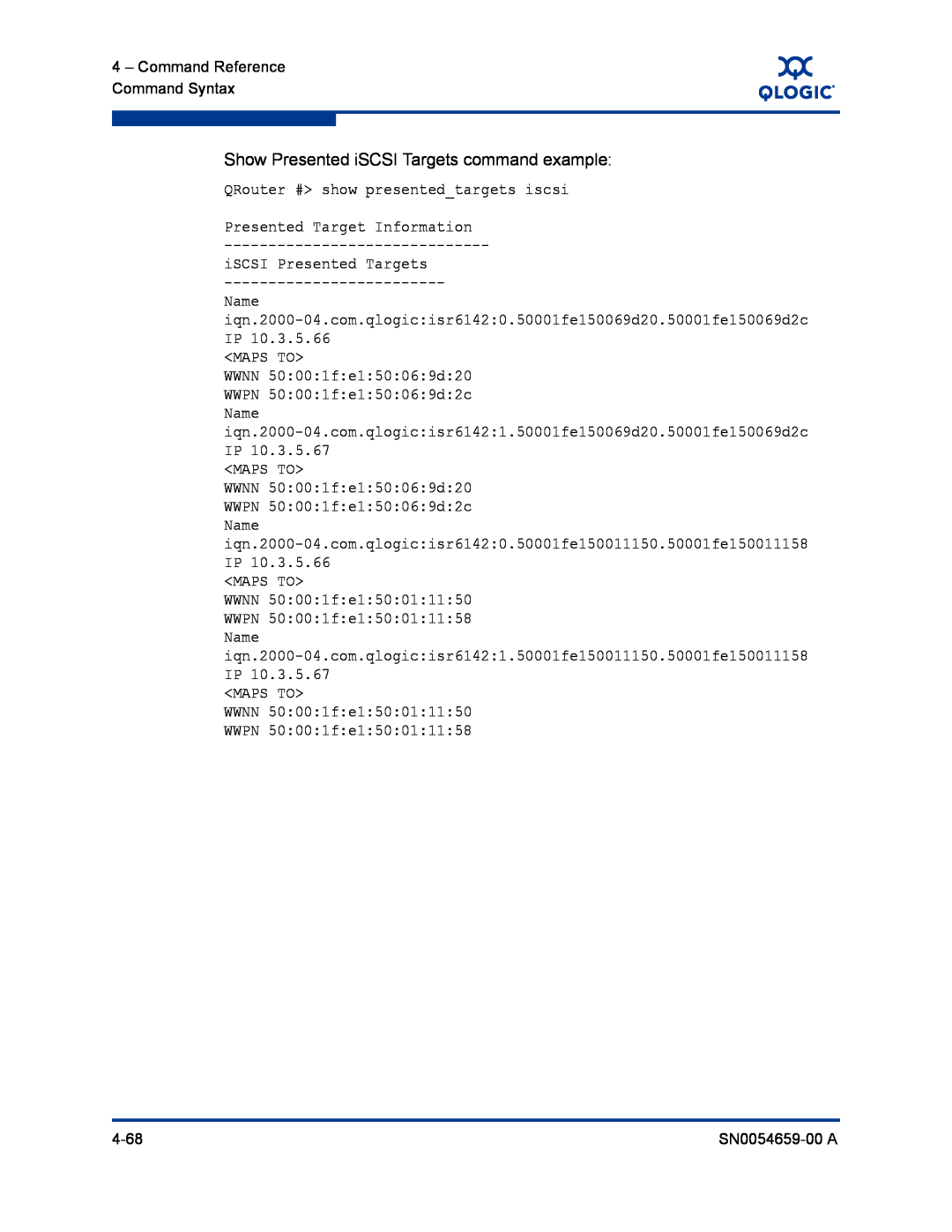 Q-Logic ISR6142 manual Show Presented iSCSI Targets command example 
