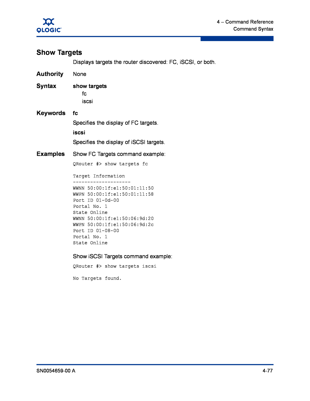 Q-Logic ISR6142 manual Show Targets, Authority, Syntax, Keywords, Examples 