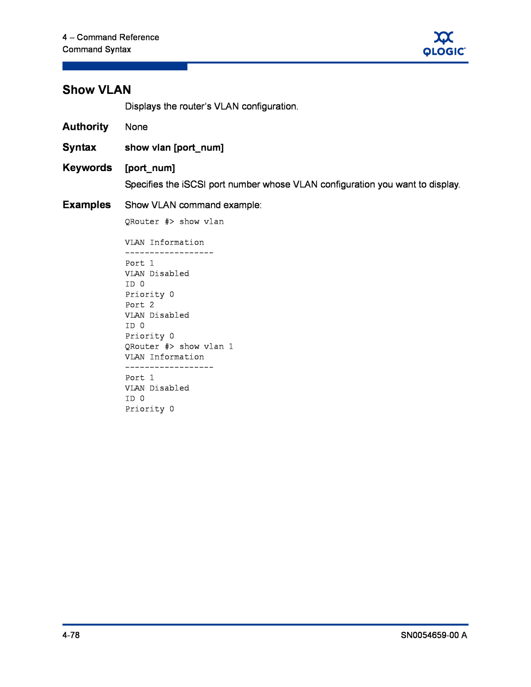 Q-Logic ISR6142 manual Show VLAN, Authority, Syntax, Keywords, Examples 