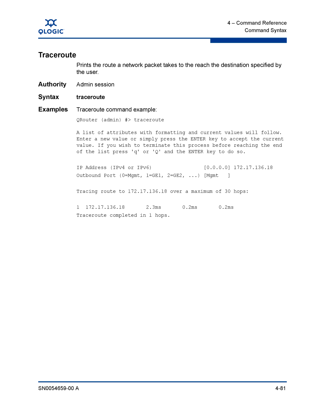 Q-Logic ISR6142 manual Syntax traceroute, Examples Traceroute command example 