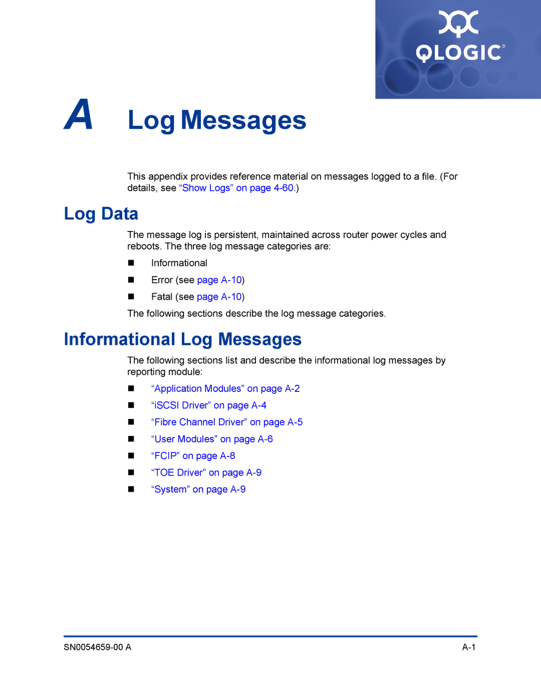 Q-Logic ISR6142 manual Log Data, Informational Log Messages 