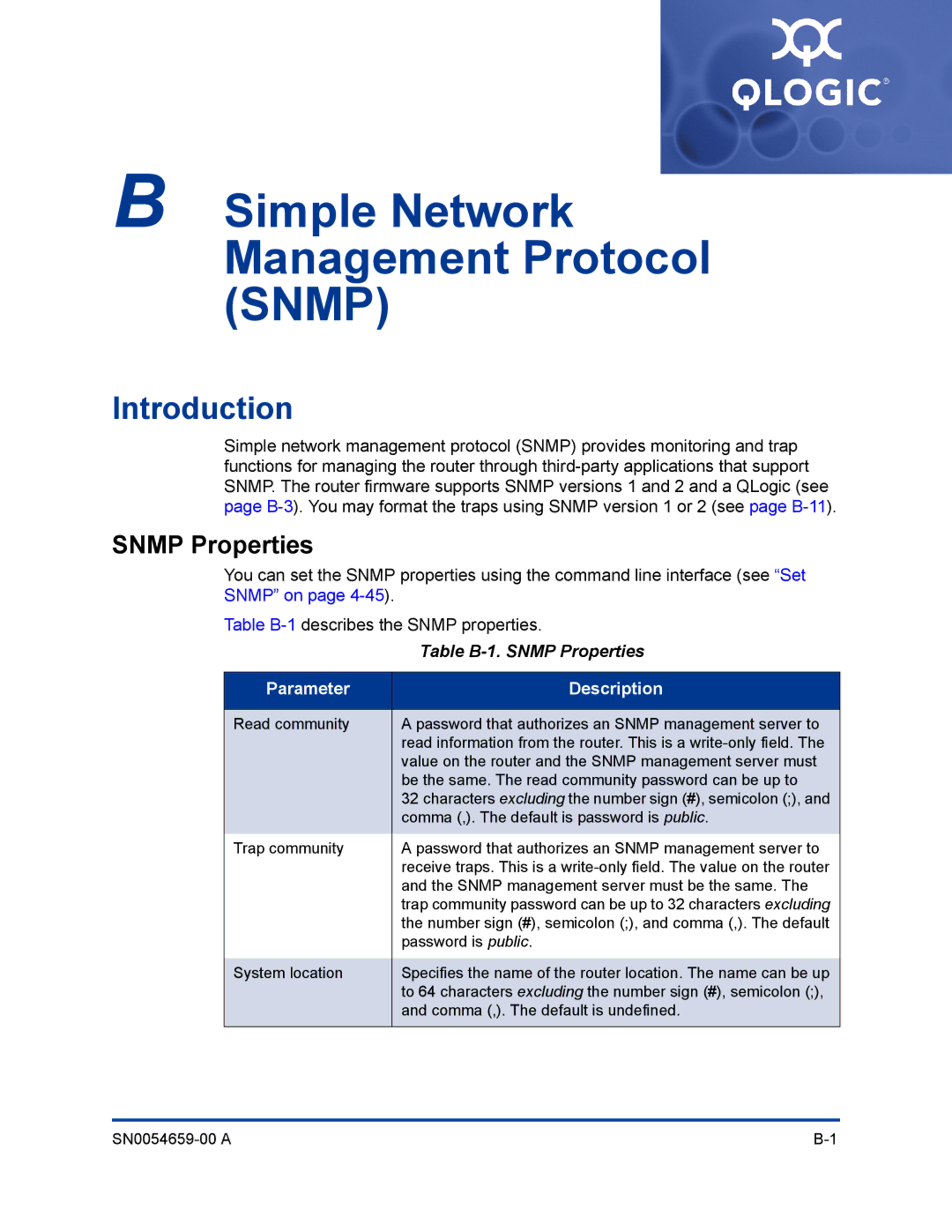 Q-Logic ISR6142 manual Introduction, Table B-1. Snmp Properties 