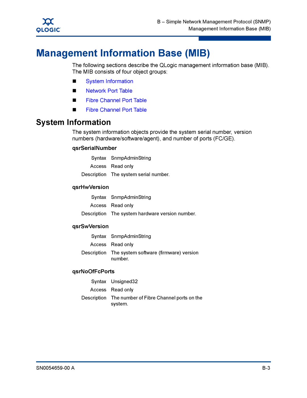 Q-Logic ISR6142 manual Management Information Base MIB, System Information 