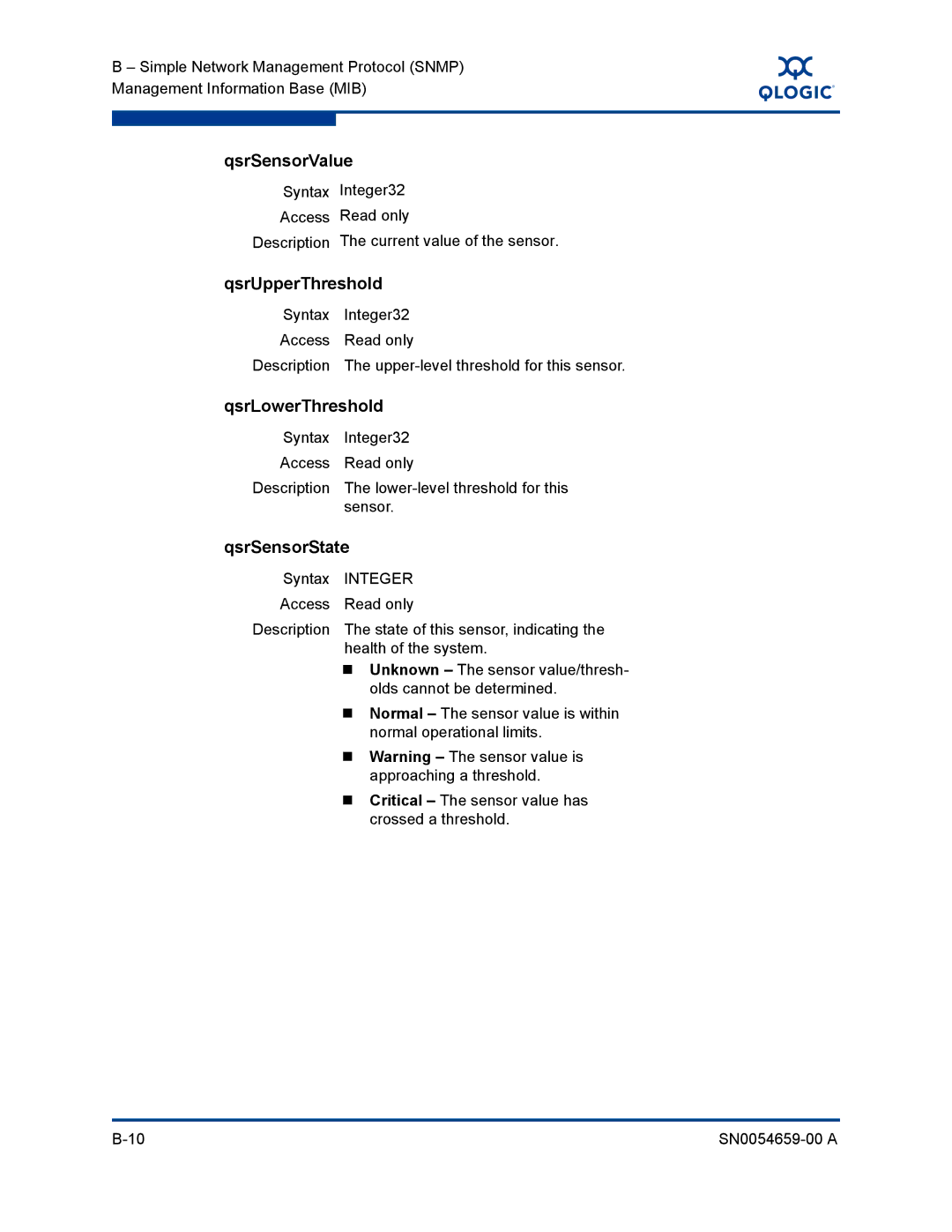 Q-Logic ISR6142 manual QsrSensorValue, QsrUpperThreshold, QsrLowerThreshold, QsrSensorState 