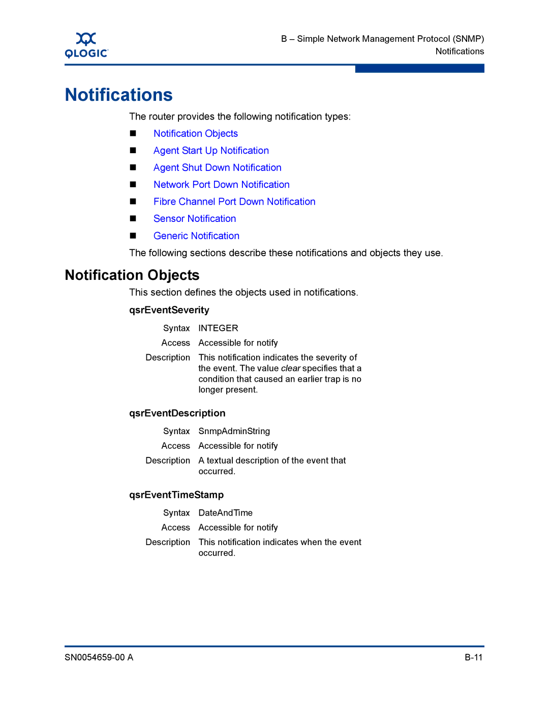 Q-Logic ISR6142 manual Notifications, Notification Objects, QsrEventSeverity, QsrEventDescription, QsrEventTimeStamp 