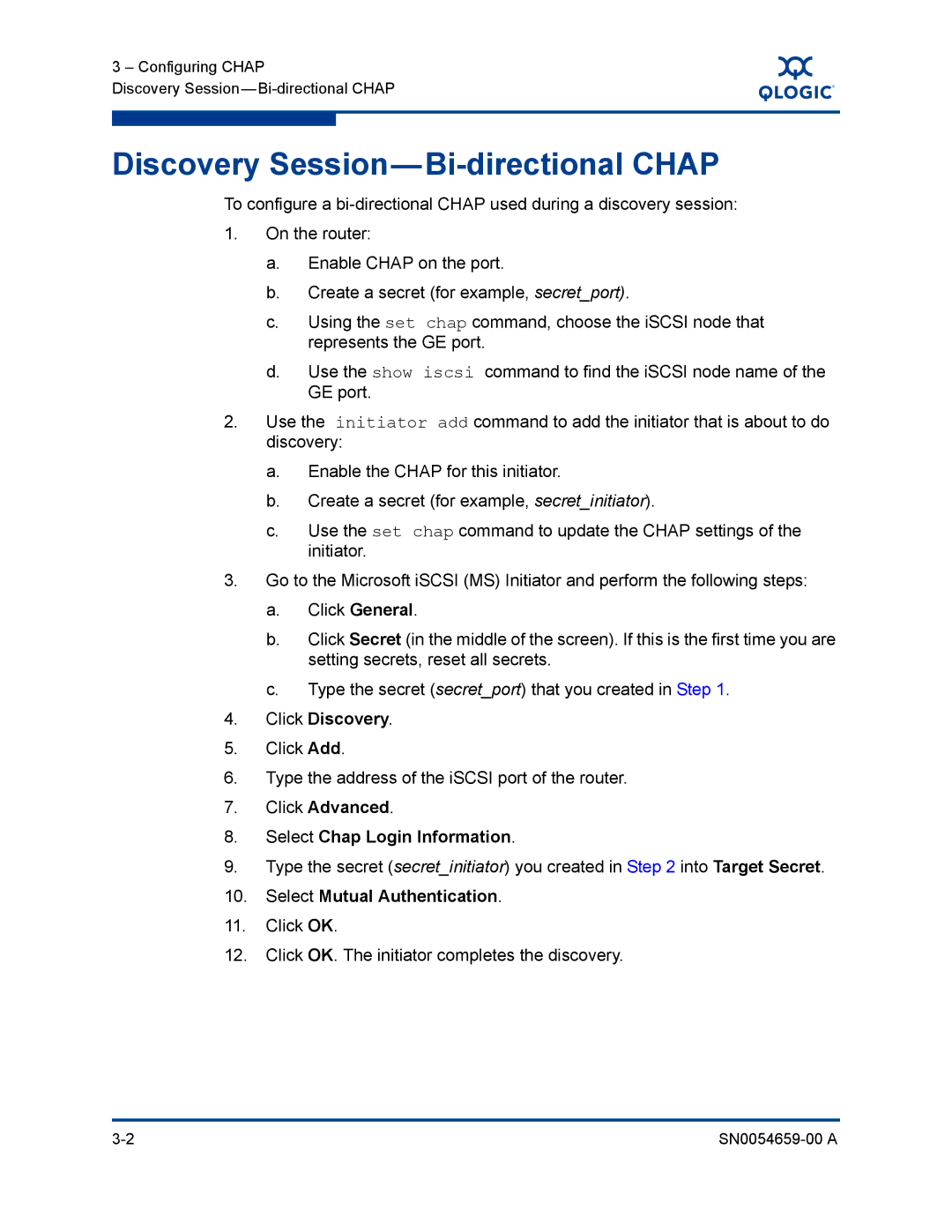 Q-Logic ISR6142 manual Discovery Session-Bi-directional Chap, Click Discovery, Click Advanced Select Chap Login Information 