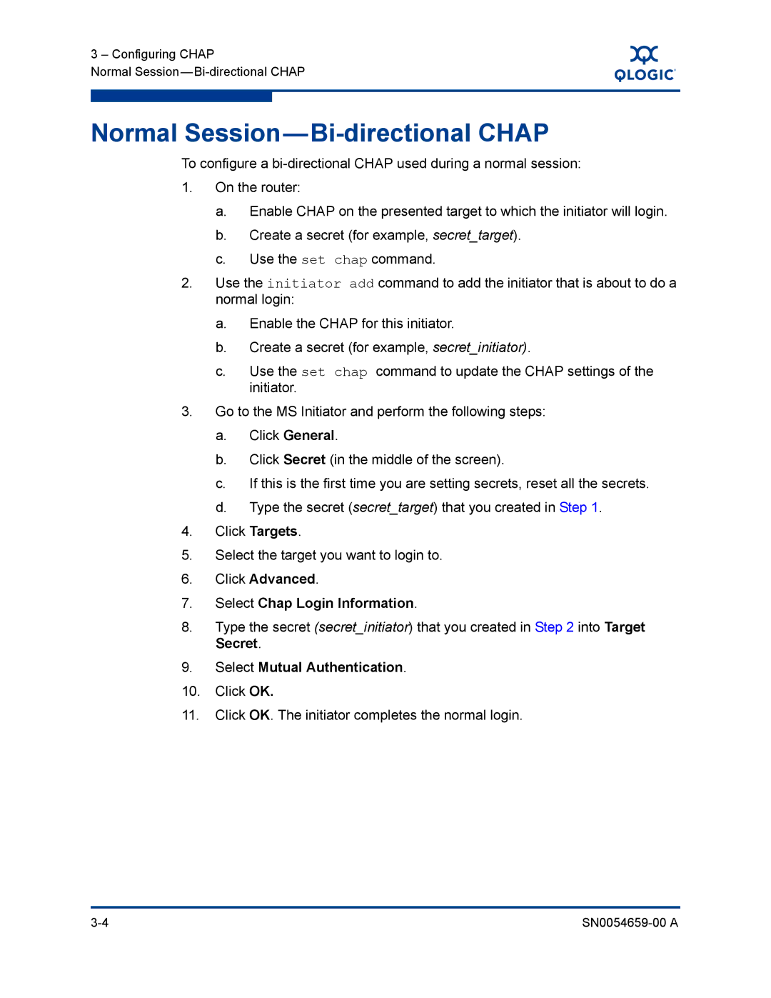 Q-Logic ISR6142 manual Normal Session-Bi-directional Chap, Click OK Click OK. The initiator completes the normal login 