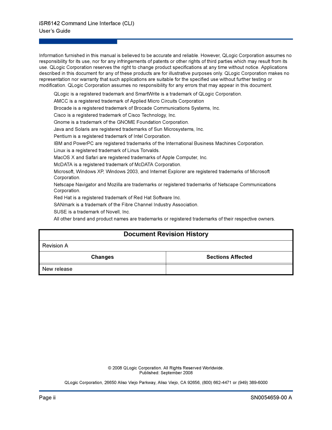 Q-Logic manual Document Revision History, ISR6142 Command Line Interface CLI User’s Guide 