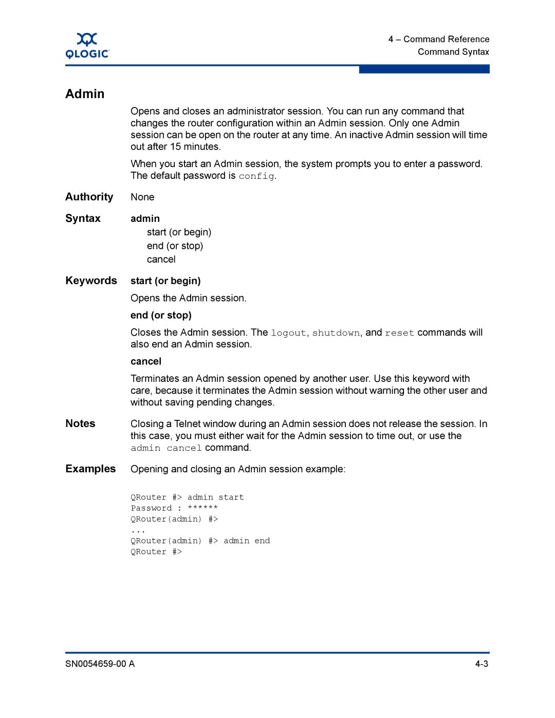 Q-Logic ISR6142 manual Admin, Authority, Syntax, Keywords, Examples 