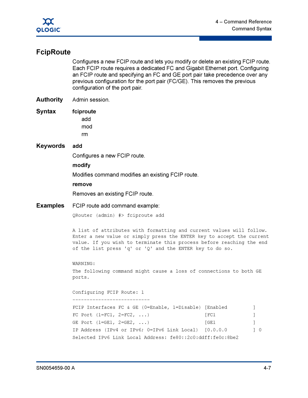 Q-Logic ISR6142 manual FcipRoute, Keywords add, Syntax fciproute add mod rm, Modify, Remove 