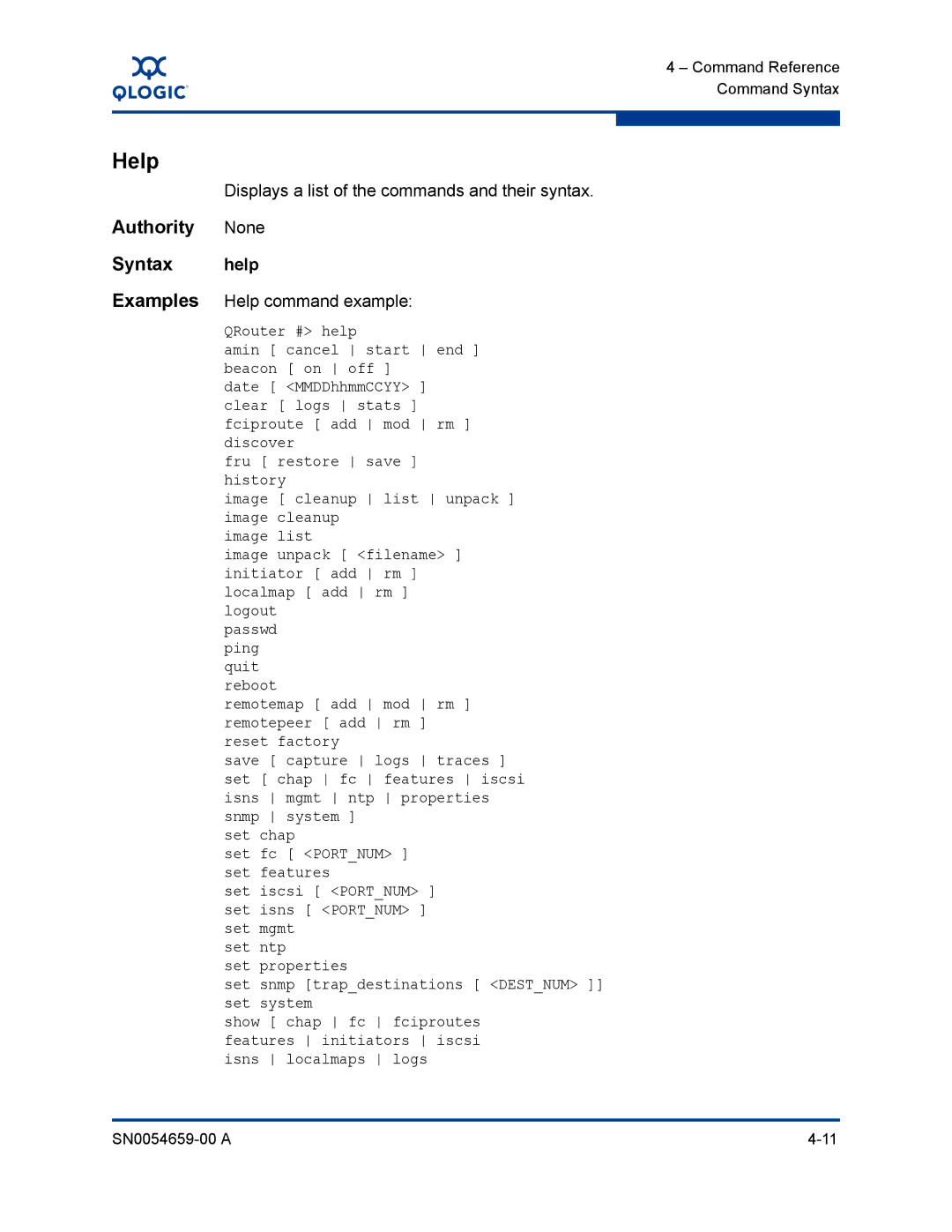 Q-Logic ISR6142 manual Displays a list of the commands and their syntax, Help command example 