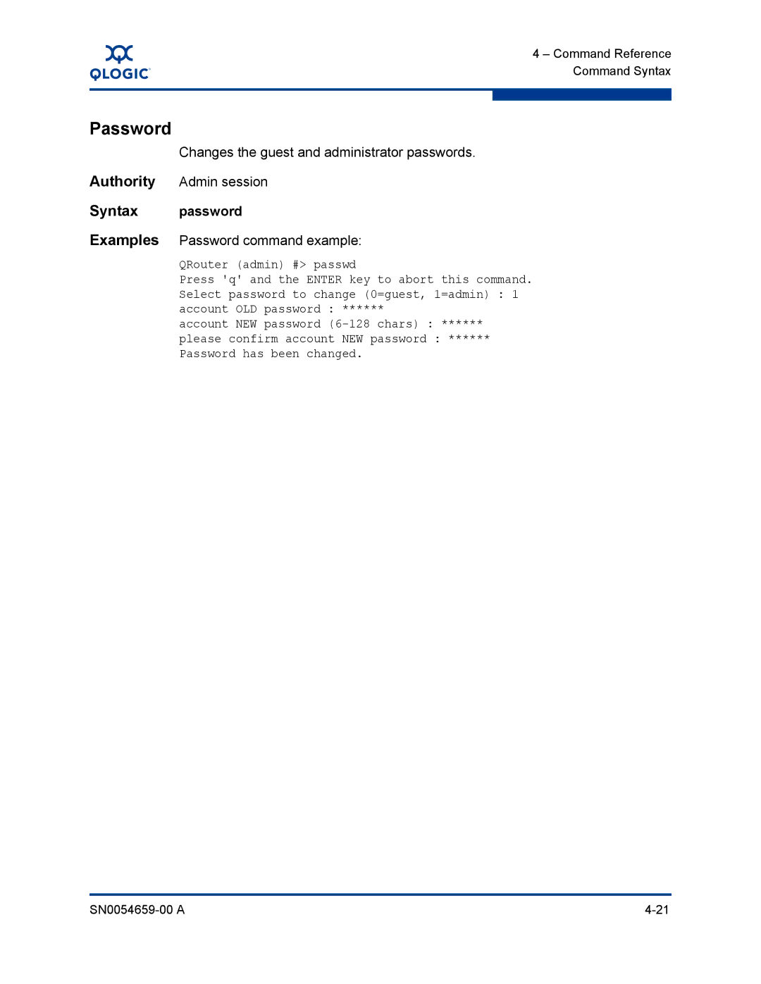 Q-Logic ISR6142 manual Changes the guest and administrator passwords, Password command example 