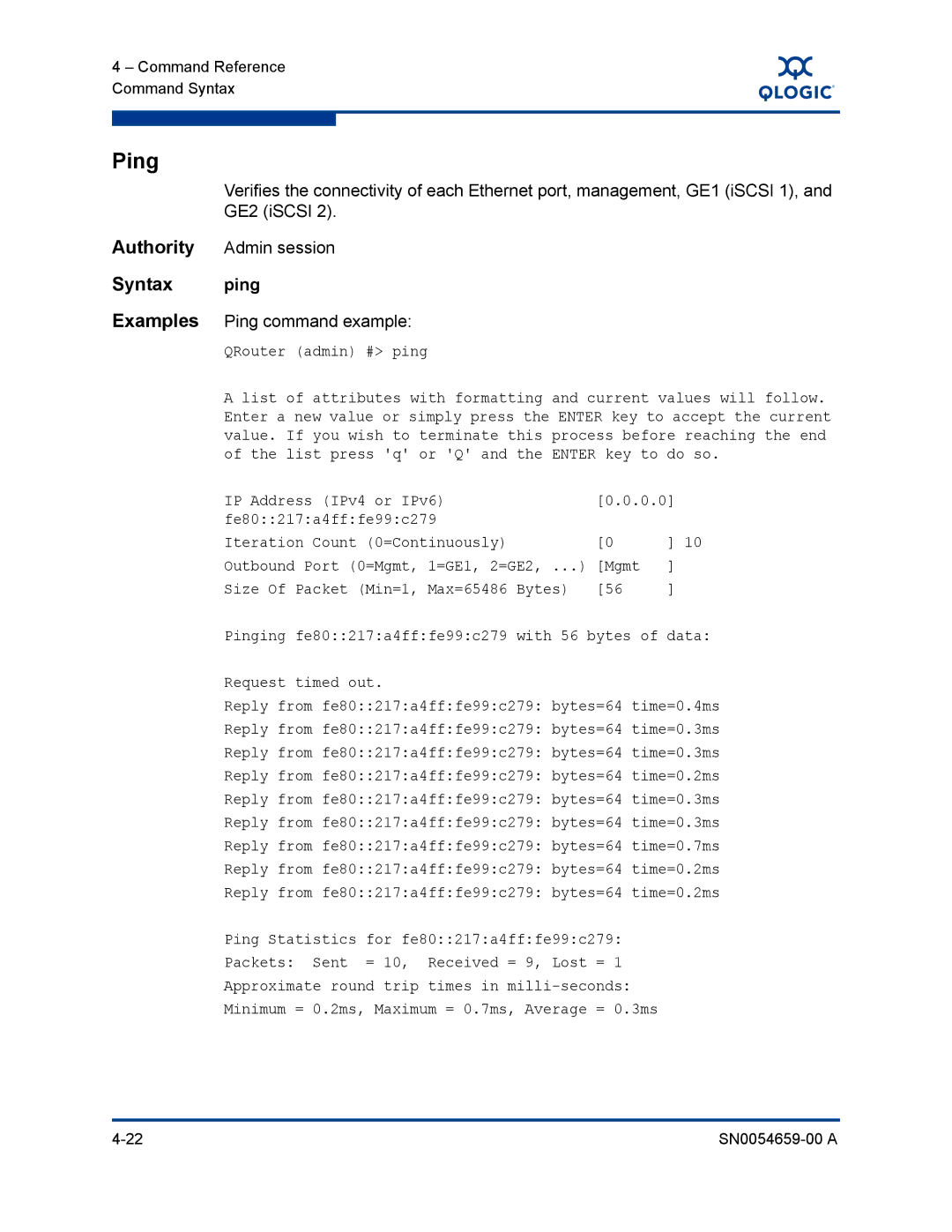 Q-Logic ISR6142 manual Syntax ping, Examples Ping command example, QRouter admin # ping, =GE1, 2=GE2, ... Mgmt 