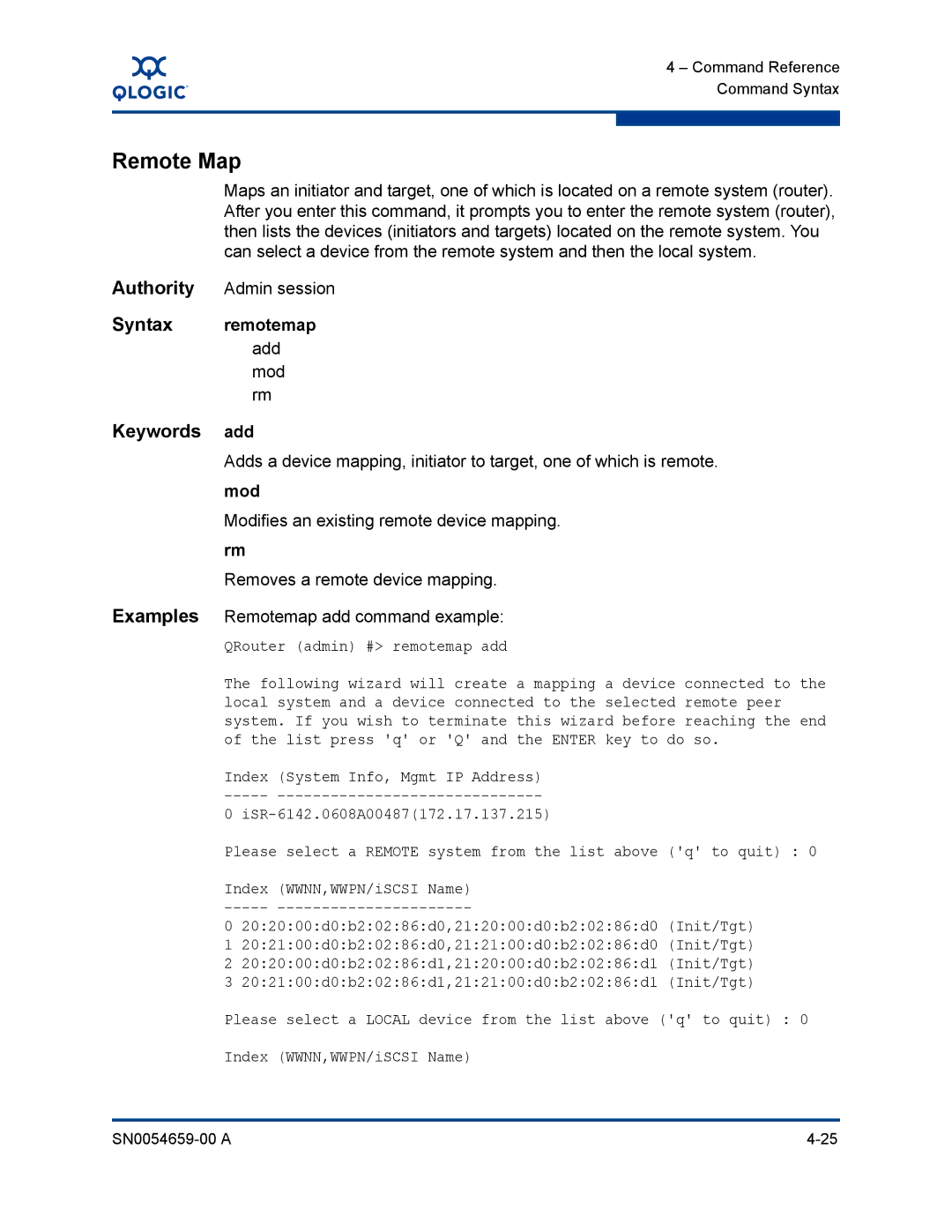 Q-Logic ISR6142 manual Remote Map, Remotemap, Modifies an existing remote device mapping, Removes a remote device mapping 