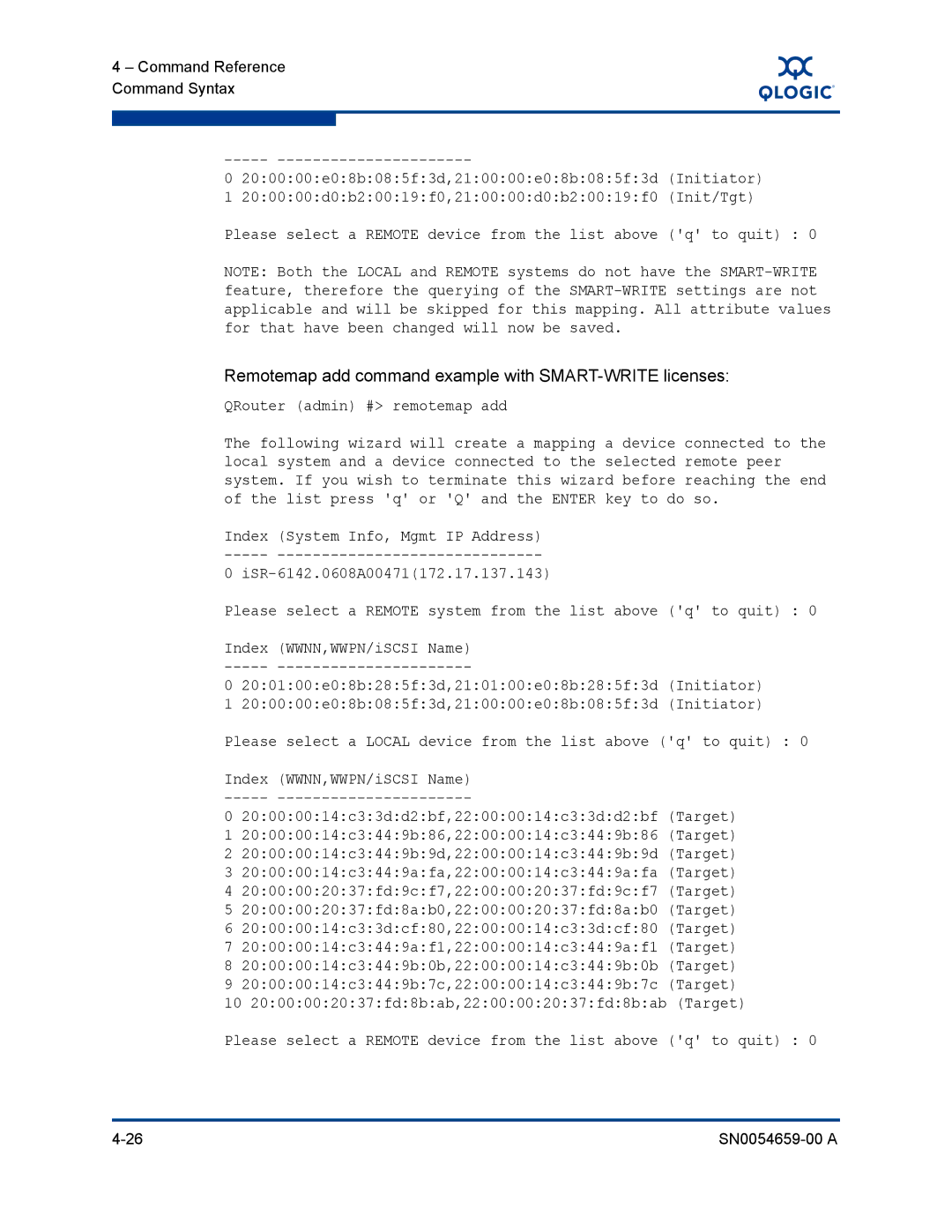 Q-Logic ISR6142 manual Remotemap add command example with SMART-WRITE licenses 