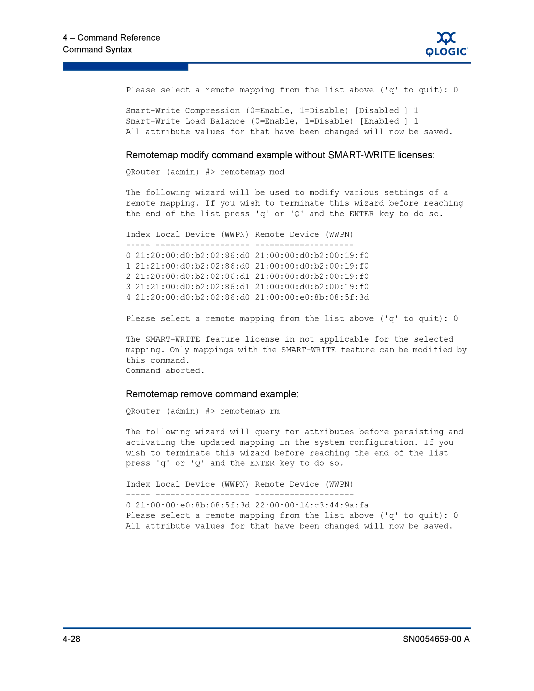 Q-Logic ISR6142 manual Remotemap remove command example, Please select a remote mapping from the list above q to quit 