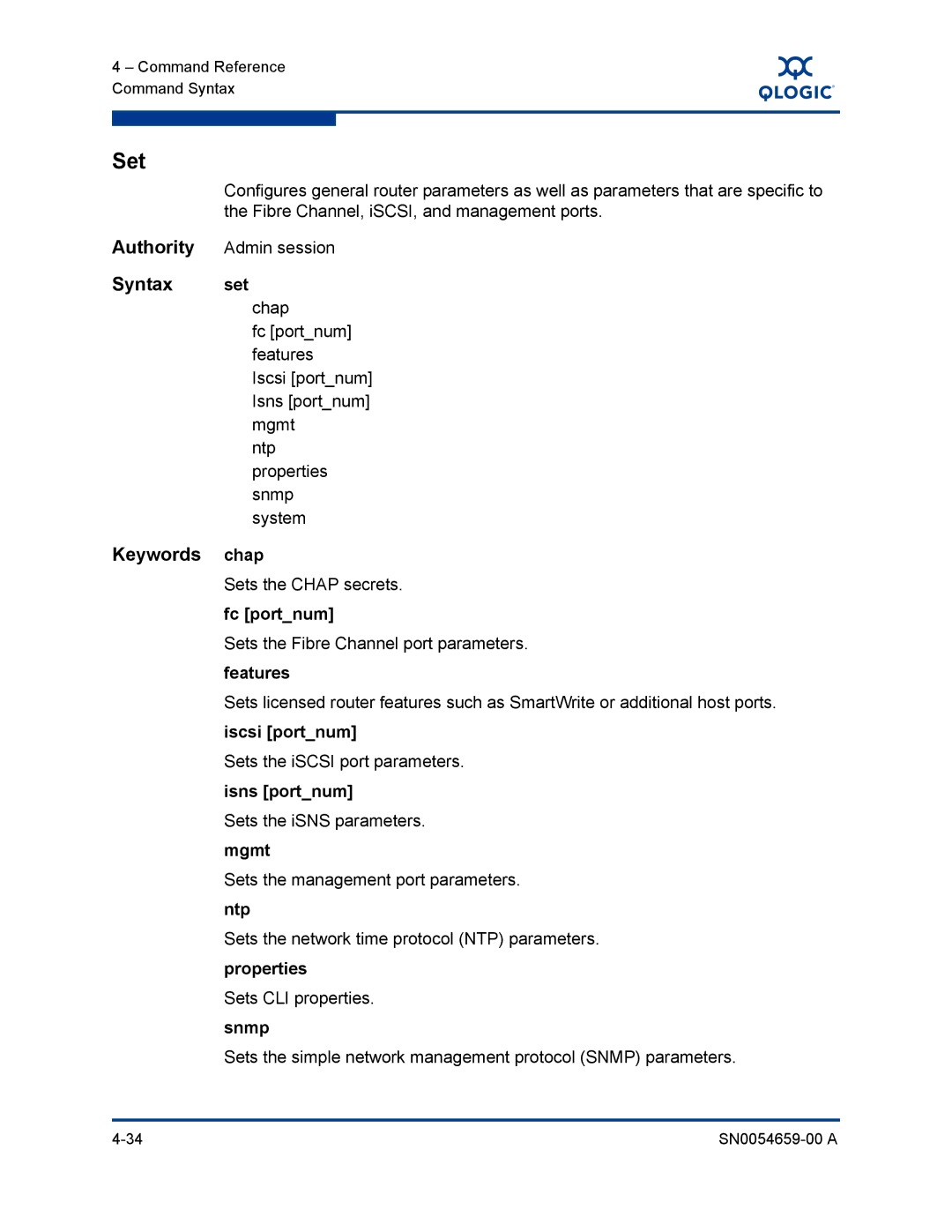 Q-Logic ISR6142 manual Set, Syntax set, Keywords chap 