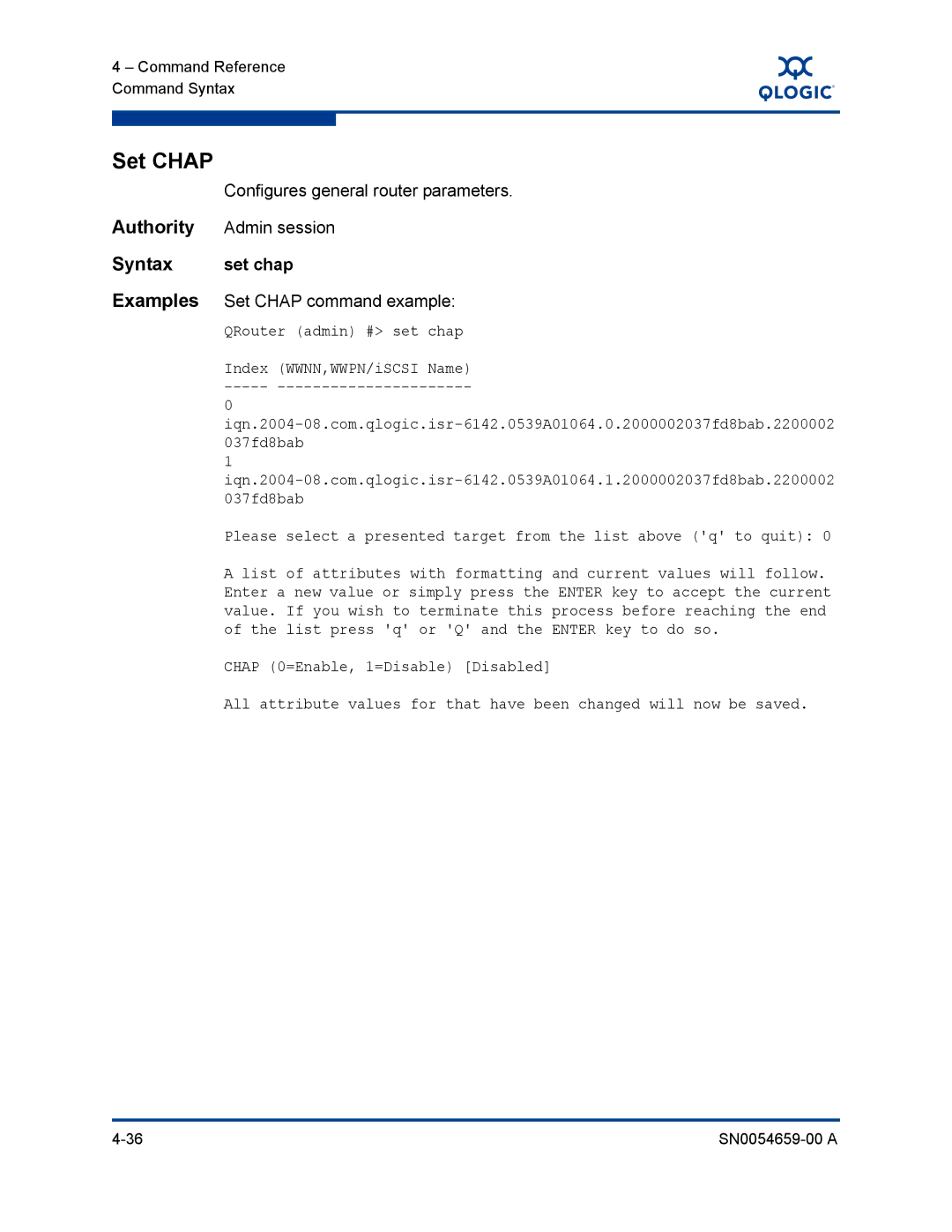 Q-Logic ISR6142 manual Configures general router parameters, Set chap, Set Chap command example 