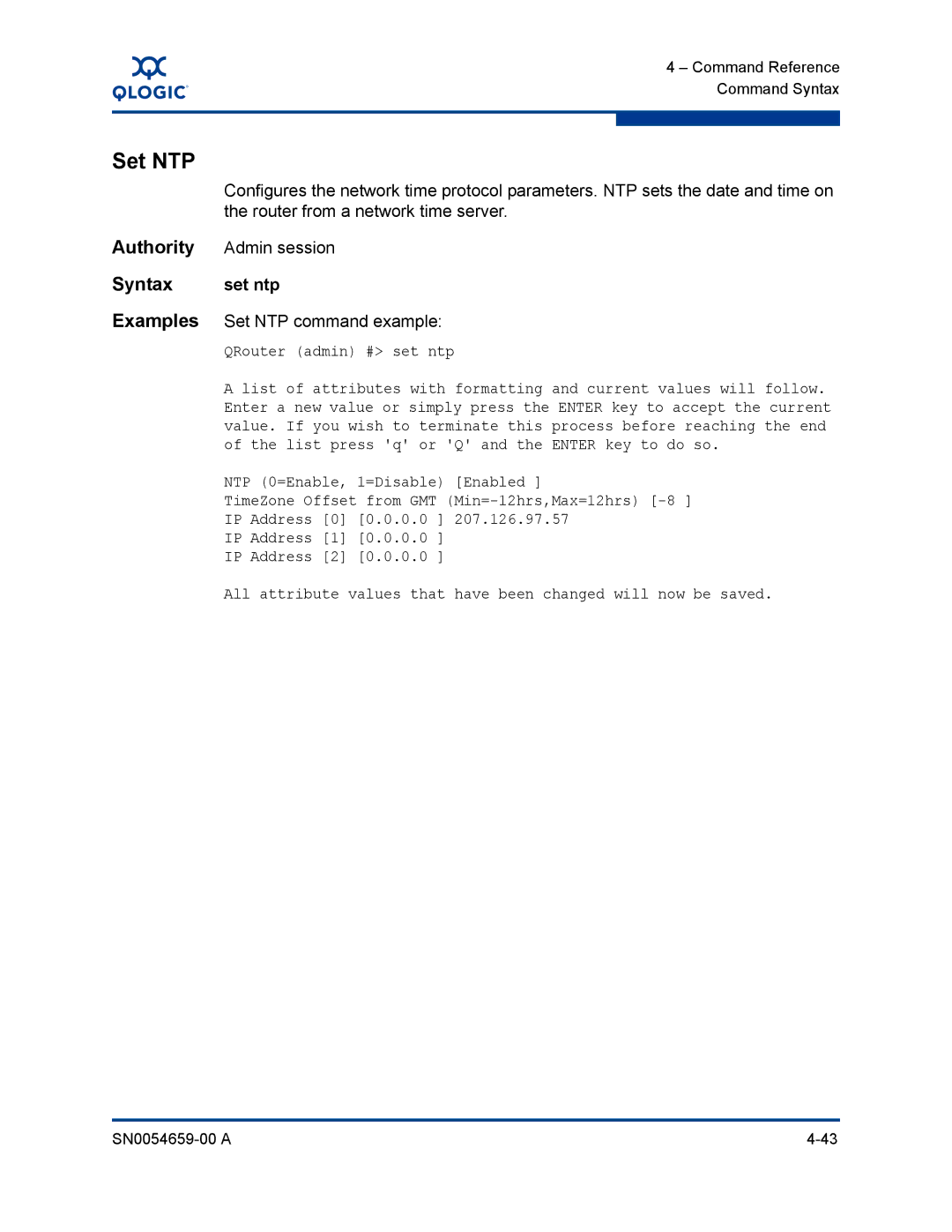 Q-Logic ISR6142 manual Set ntp, Set NTP command example 