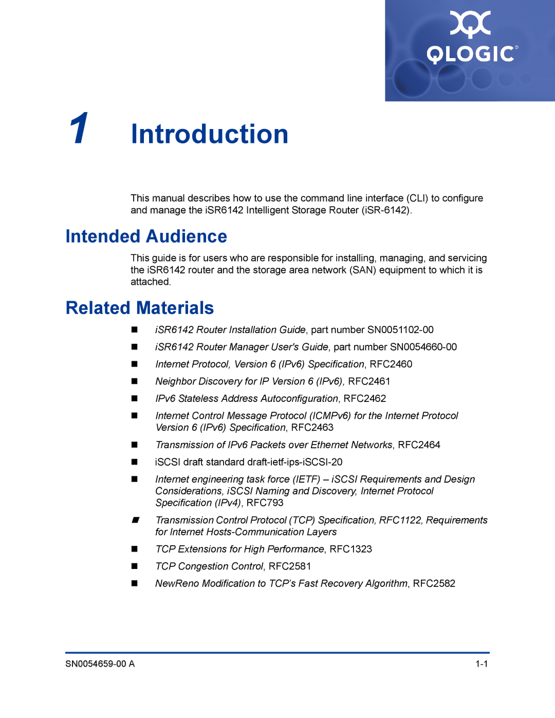 Q-Logic ISR6142 manual Intended Audience, Related Materials, „ iSCSI draft standard draft-ietf-ips-iSCSI-20 