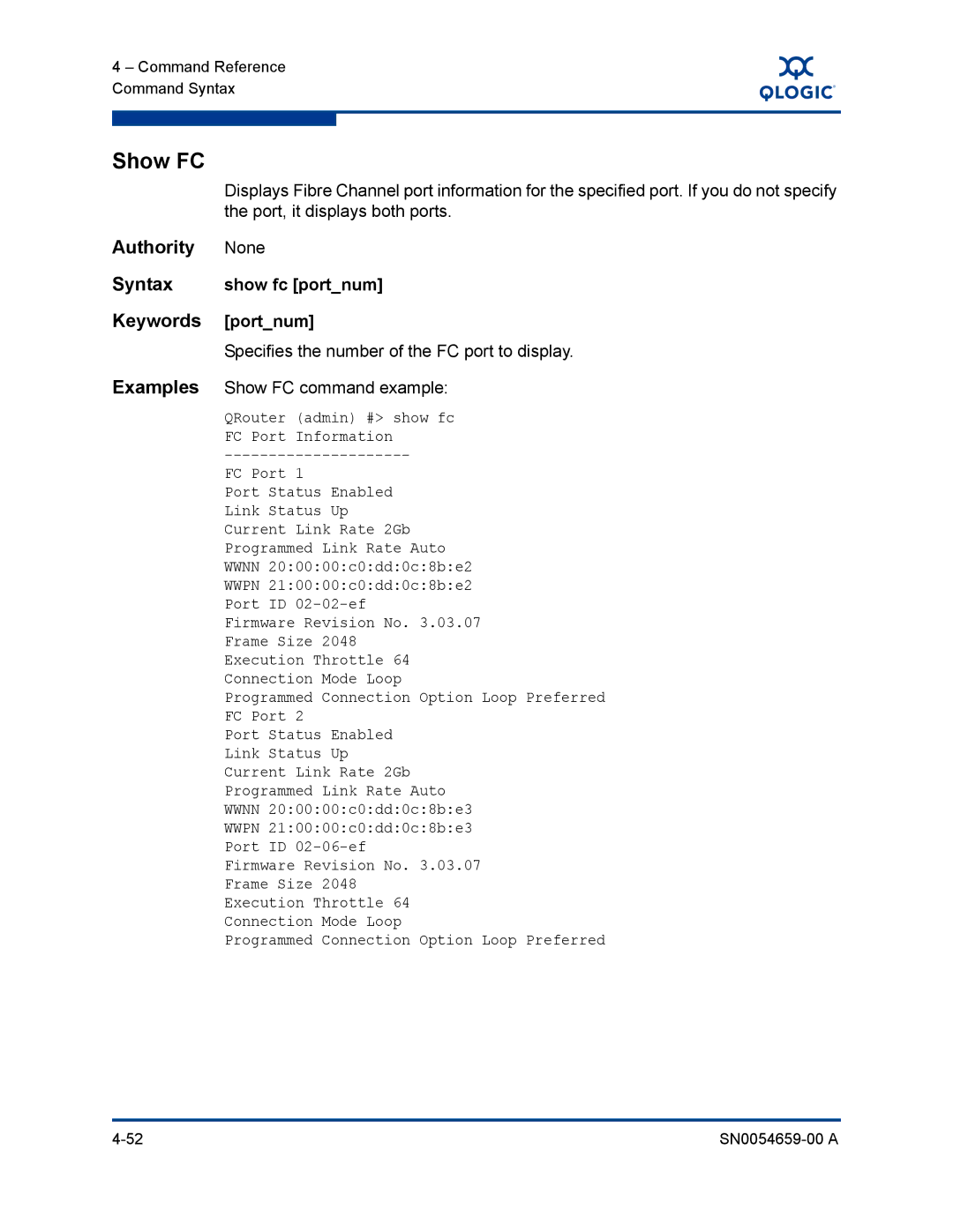 Q-Logic ISR6142 Show FC, Port, it displays both ports, Show fc portnum, Specifies the number of the FC port to display 