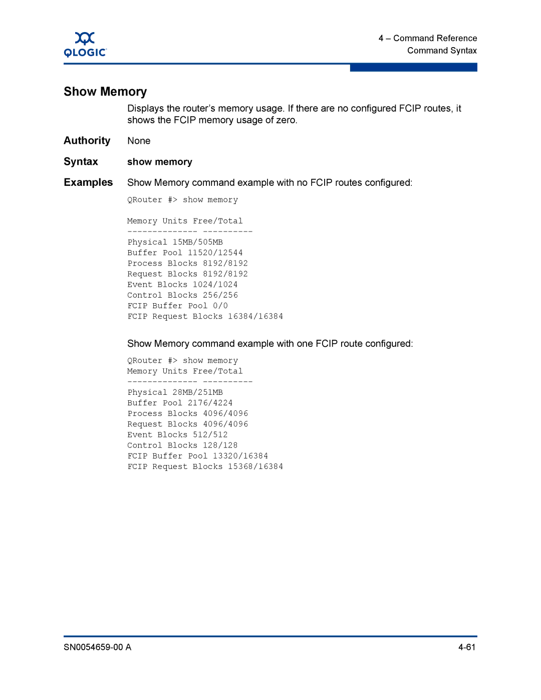 Q-Logic ISR6142 manual Syntax show memory, Show Memory command example with one Fcip route configured 