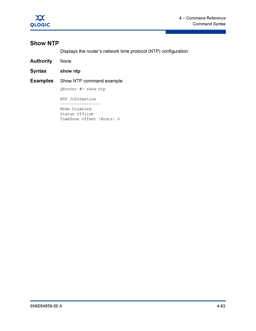 Q-Logic ISR6142 manual Show ntp, Examples Show NTP command example 