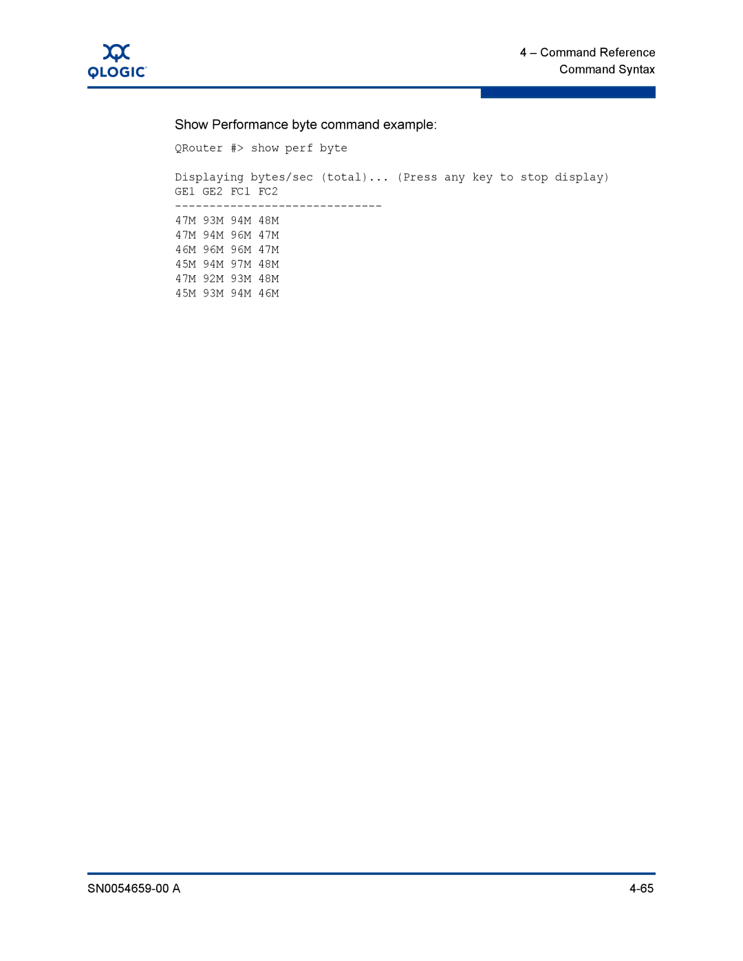 Q-Logic ISR6142 manual Show Performance byte command example, QRouter # show perf byte, 47M 93M 94M 48M 96M 46M 45M 97M 92M 