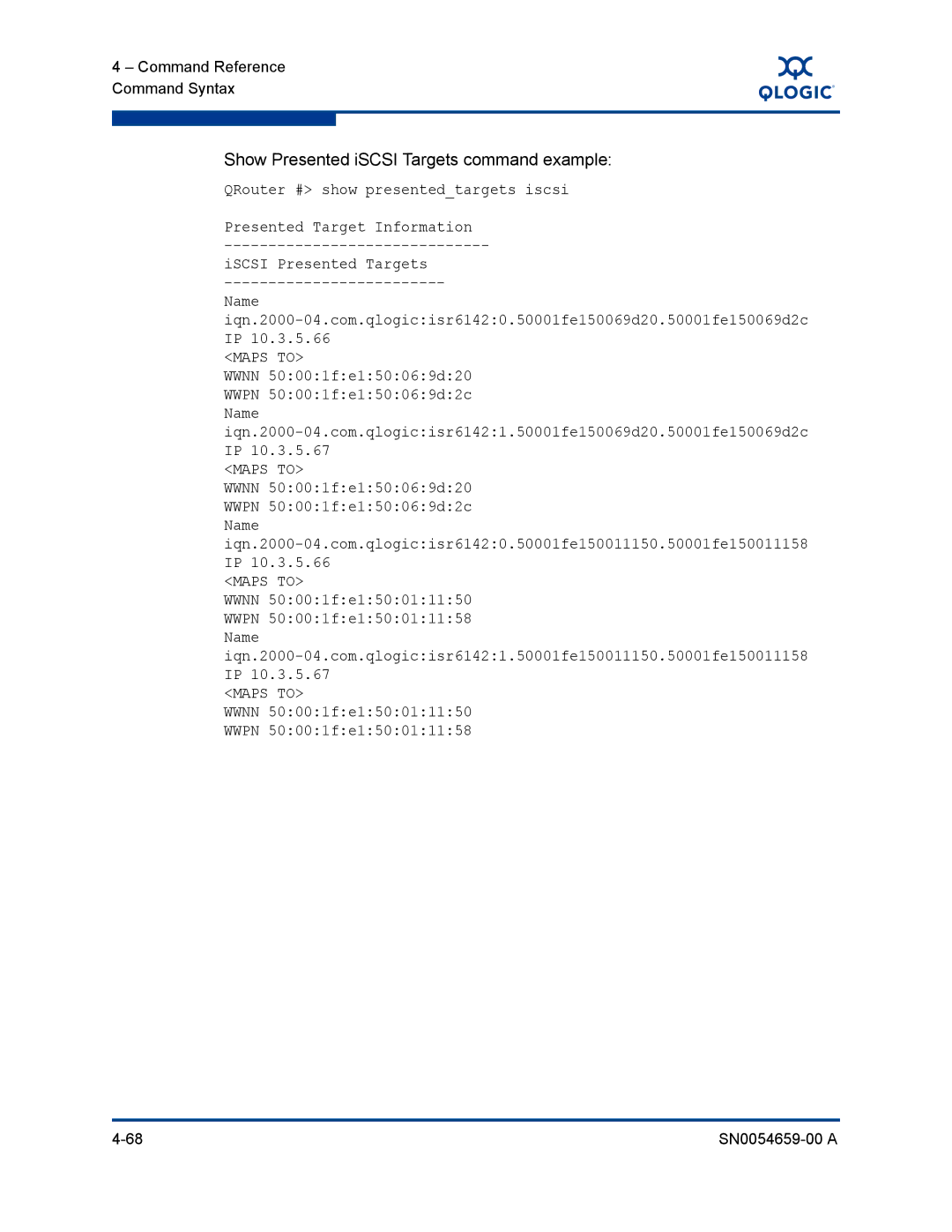 Q-Logic ISR6142 manual Show Presented iSCSI Targets command example 