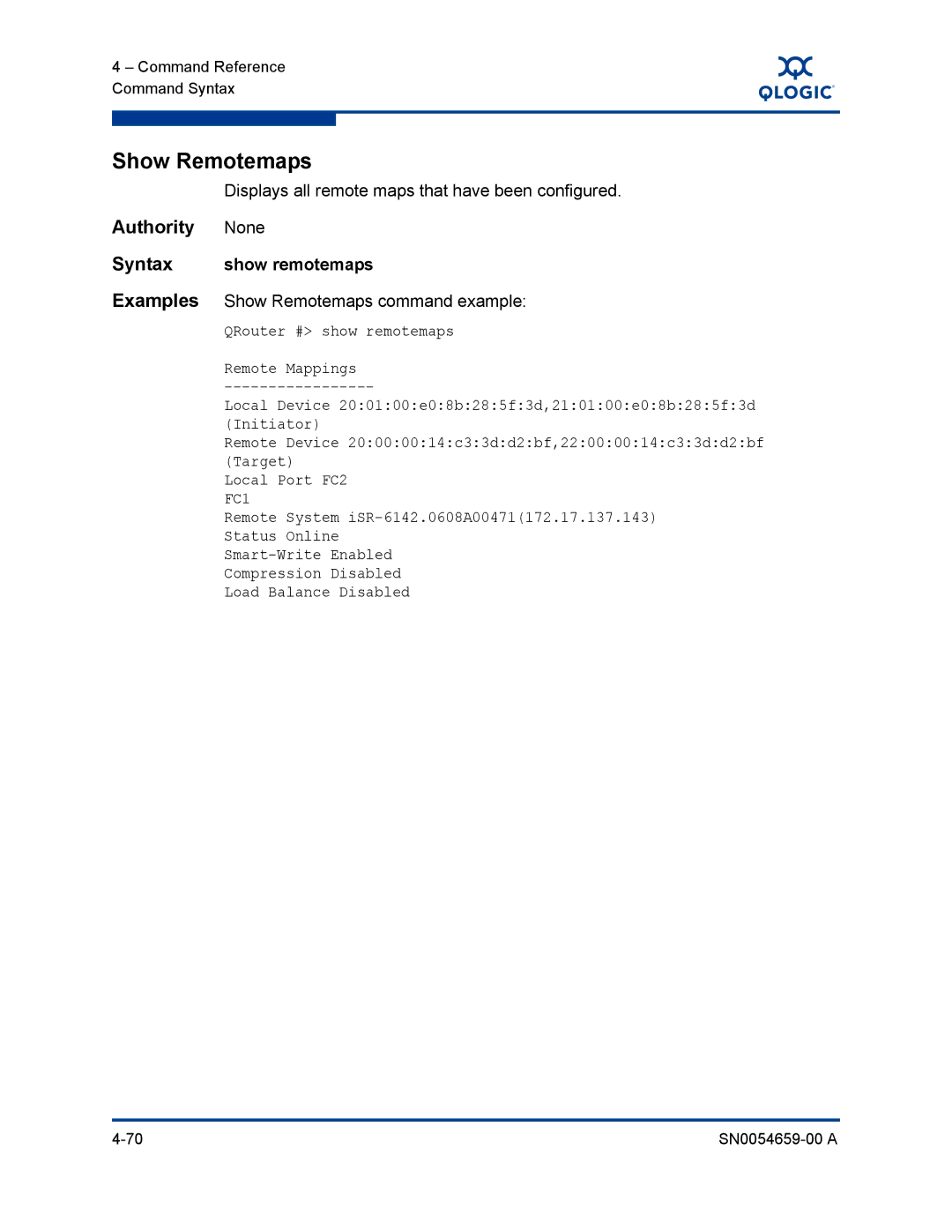 Q-Logic ISR6142 manual Syntax show remotemaps, Examples Show Remotemaps command example 