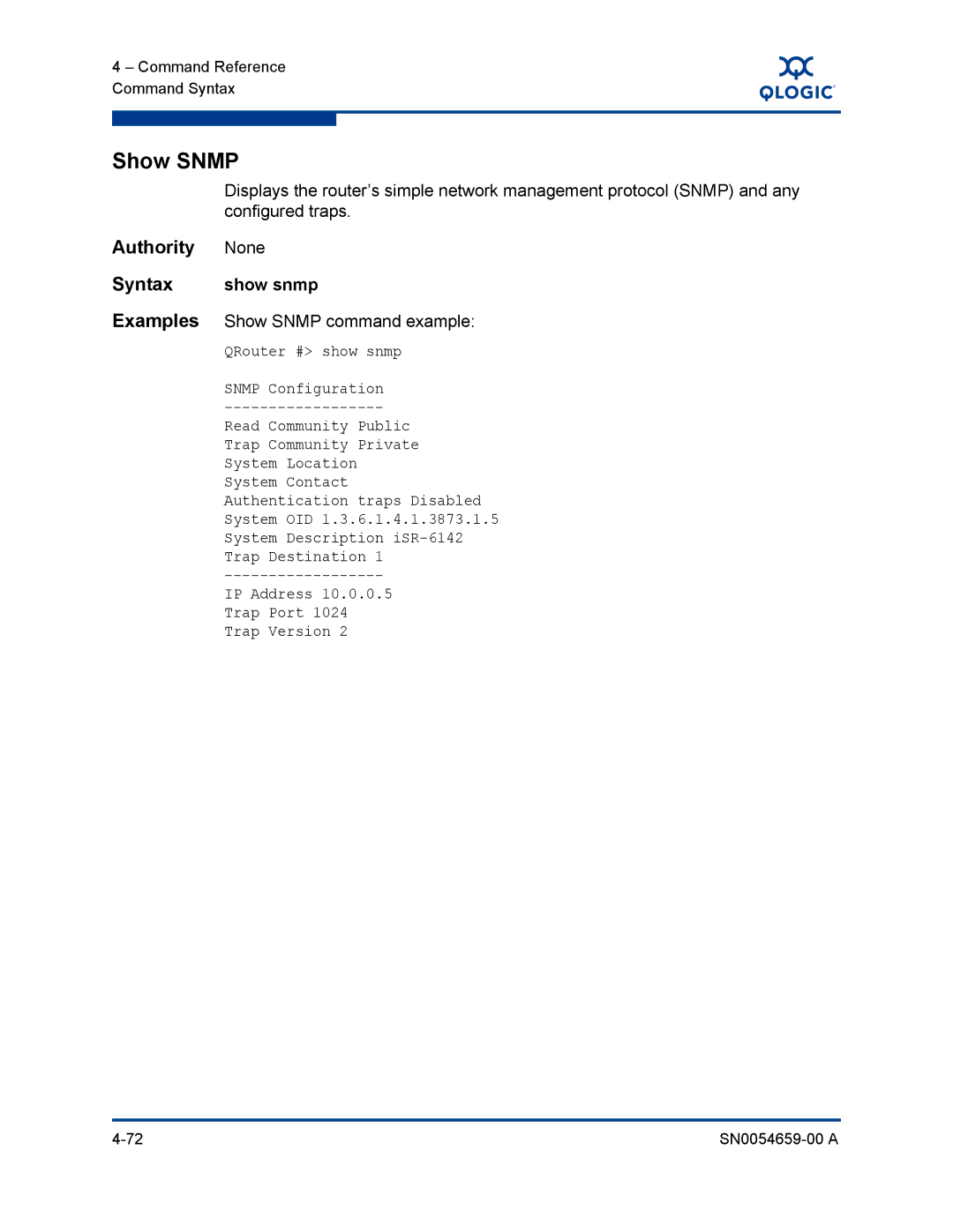 Q-Logic ISR6142 manual Show snmp, Examples Show Snmp command example 