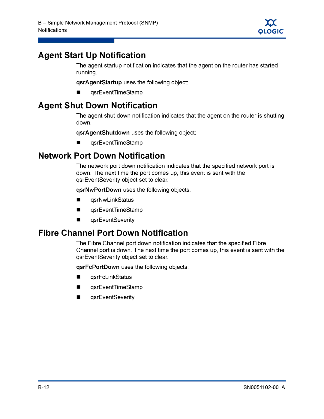 Q-Logic ISR6142 manual Agent Start Up Notification, Agent Shut Down Notification, Network Port Down Notification 