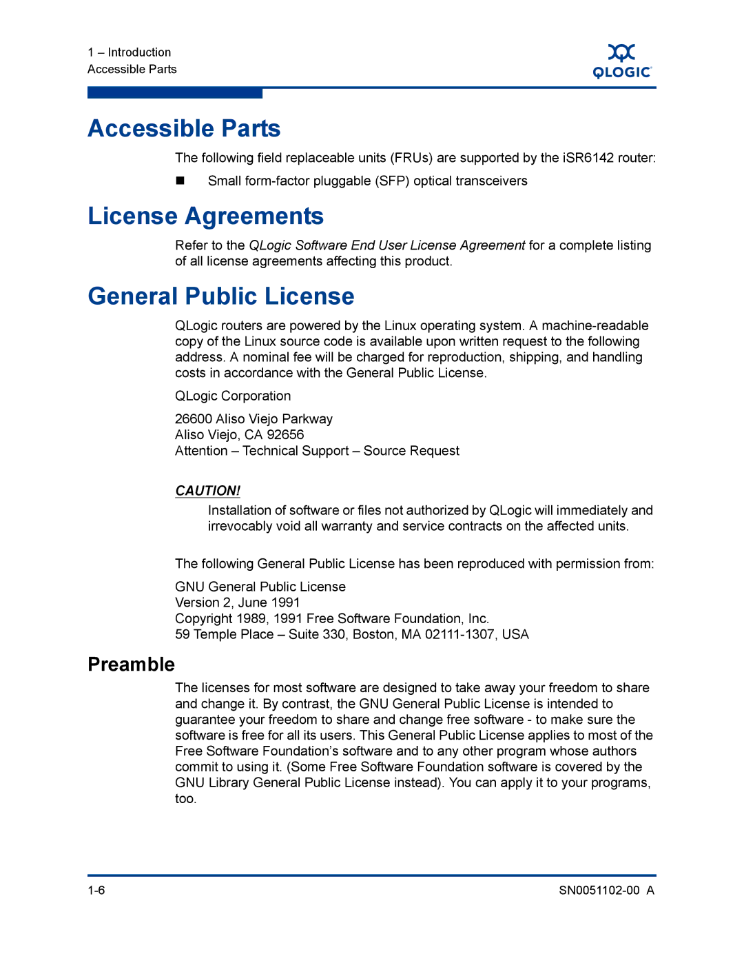 Q-Logic ISR6142 manual Accessible Parts, License Agreements, General Public License, Preamble 