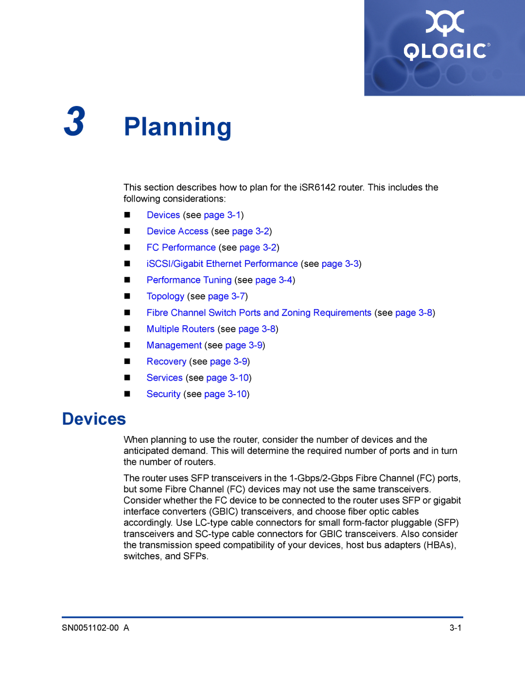 Q-Logic ISR6142 manual Planning, Devices 