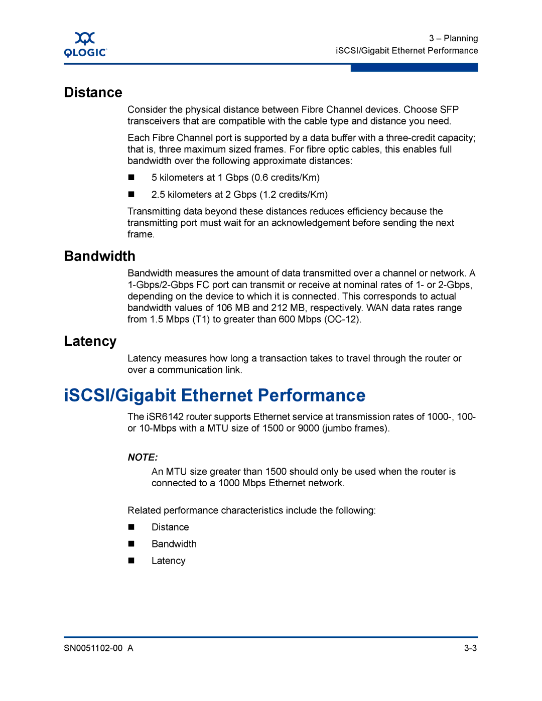 Q-Logic ISR6142 manual ISCSI/Gigabit Ethernet Performance, Distance, Bandwidth, Latency 