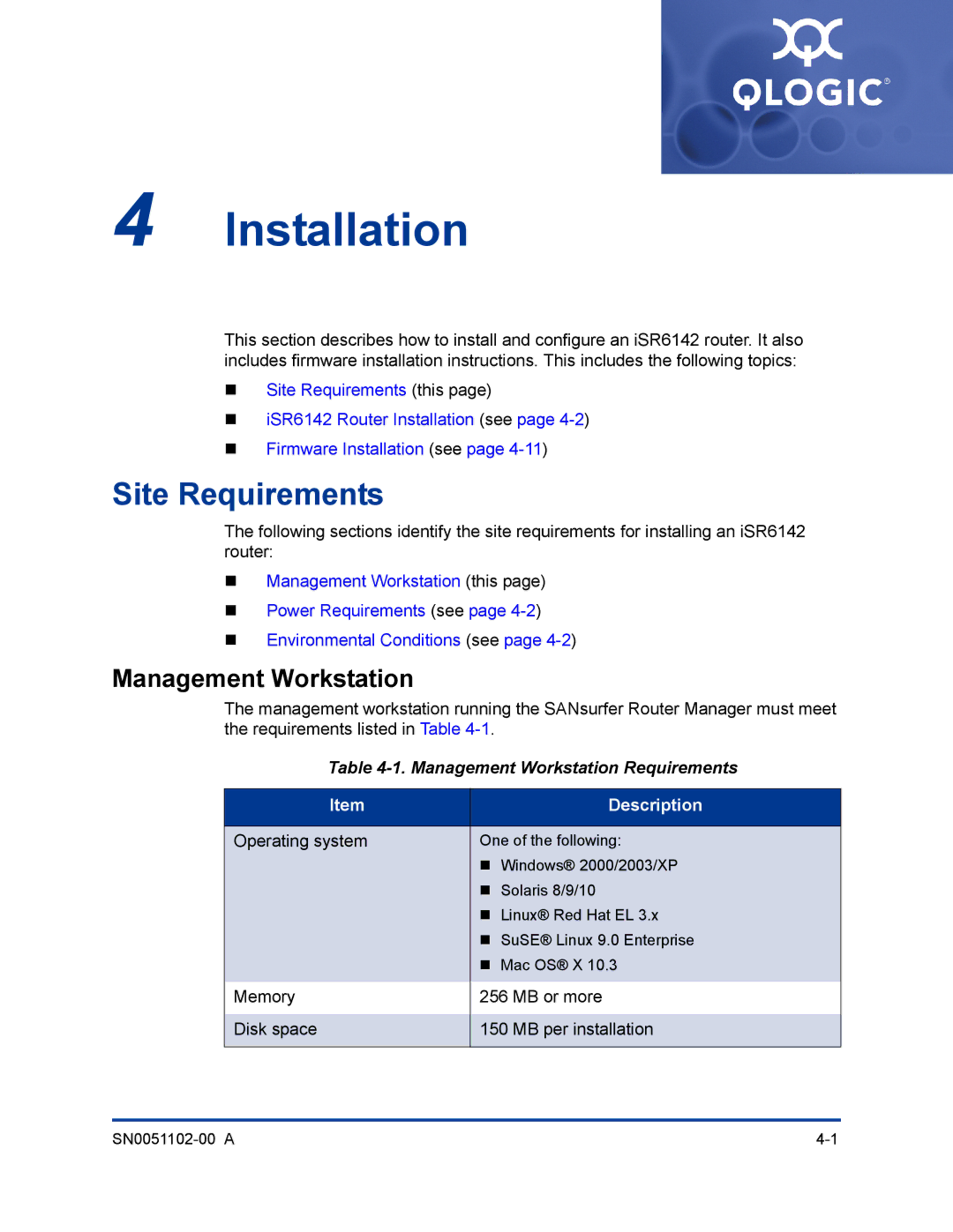 Q-Logic ISR6142 manual Site Requirements, Management Workstation Requirements 