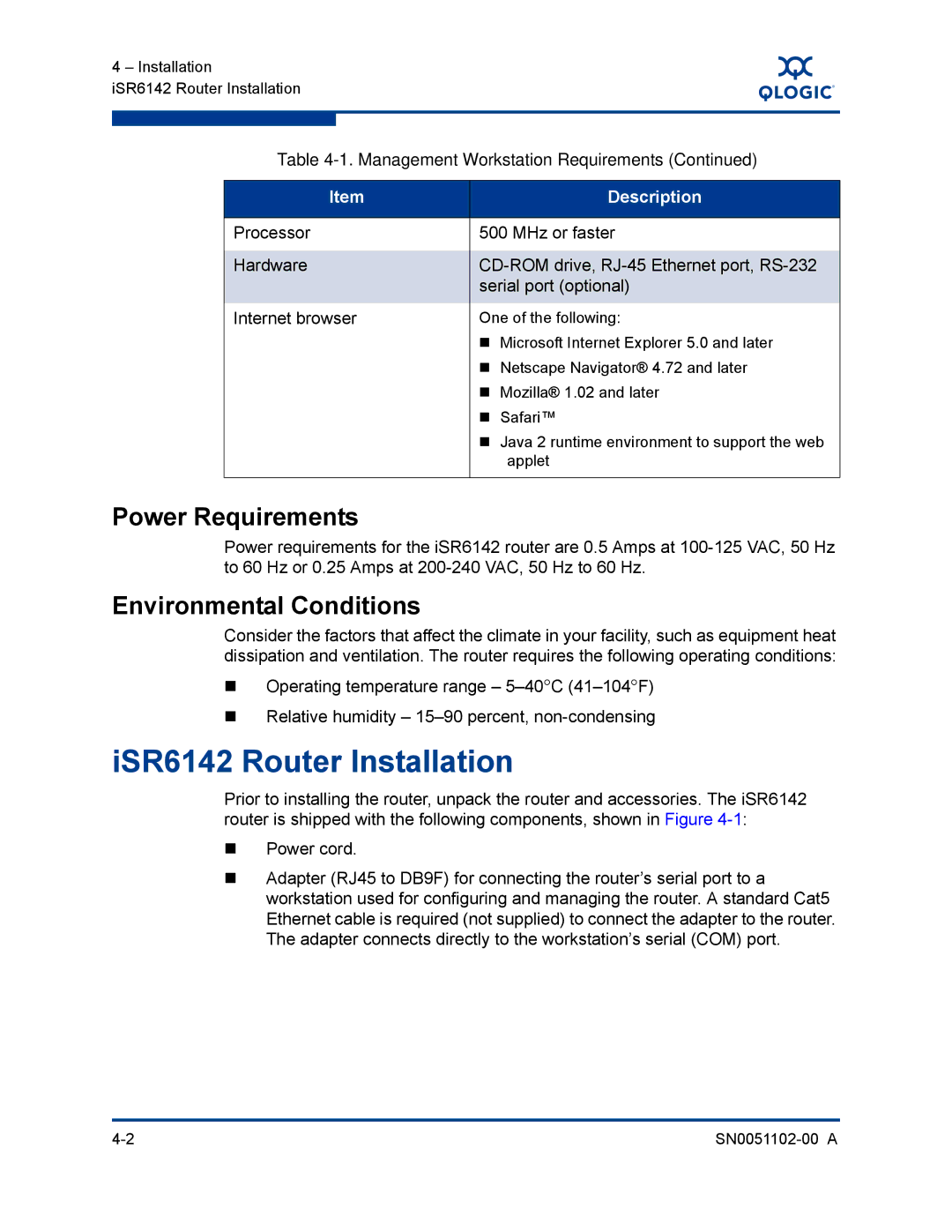 Q-Logic manual ISR6142 Router Installation, Power Requirements, Environmental Conditions 