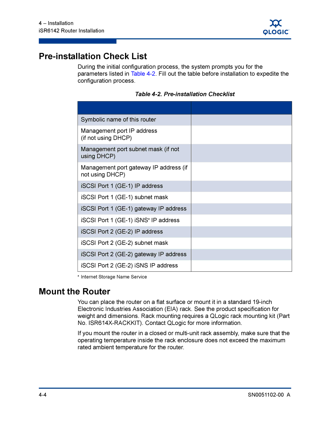 Q-Logic ISR6142 manual Pre-installation Check List, Mount the Router, Pre-installation Checklist 