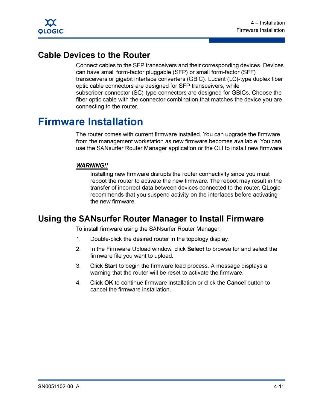 Q-Logic ISR6142 Firmware Installation, Cable Devices to the Router, Using the SANsurfer Router Manager to Install Firmware 